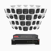 H800 - 4K 32 Kanal PoE Überwachungskamera-Set mit 24 Bullet Kameras & 8 Turm Kameras, Farbe & IR Nachtsicht, Personen- und Fahrzeugerkennung, Eingebautes Mikrofon, 96° Sichtfeld, Unterstützt RTSP, Inklusive 16-Port-PoE-Switch